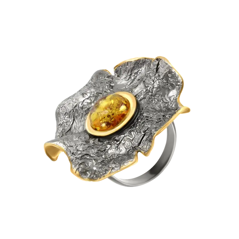 Product image 1 of the product “Women's Ring “Textured Leaf with Amber” in Gold-Plated 925 Sterling Silver with Amber ”