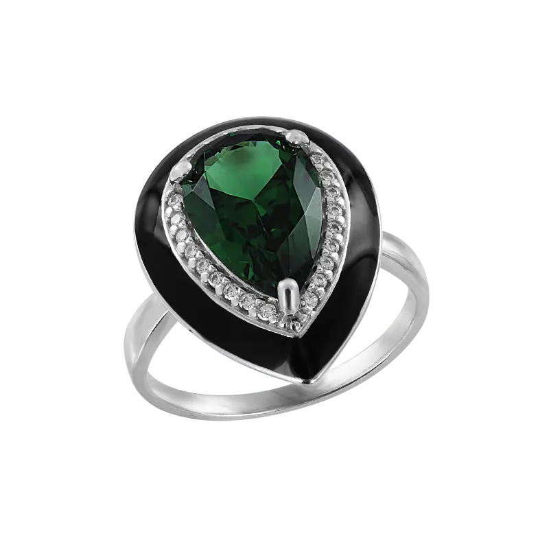 Product image 1 of the product “Women's Ring “Drop with Black Enamel” in 925 Sterling Silver with Cubic Zirconia and Sitall ”