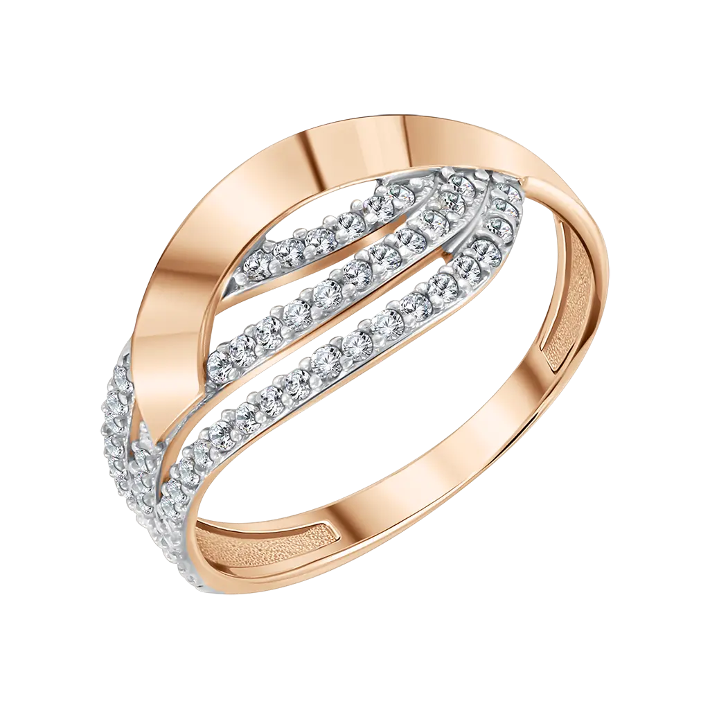 Изображение 1 товара «Женское кольцо «Волна с дорожками камней» из красного золота 585 пробы с фианитами, ширина 10 мм »
