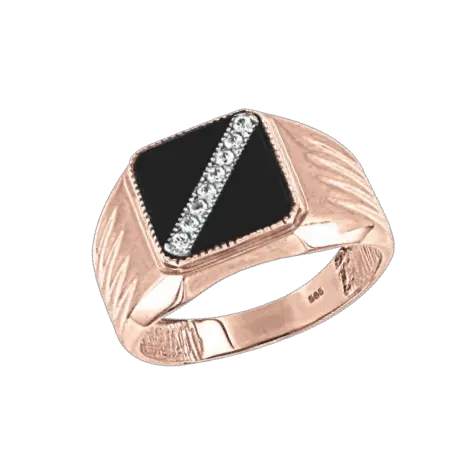 Artikelbild 1 des Artikels “Herrenring „Onyx mit diagonaler Steinreihe“ aus 585 Rotgold mit Zirkonia und Onyx “