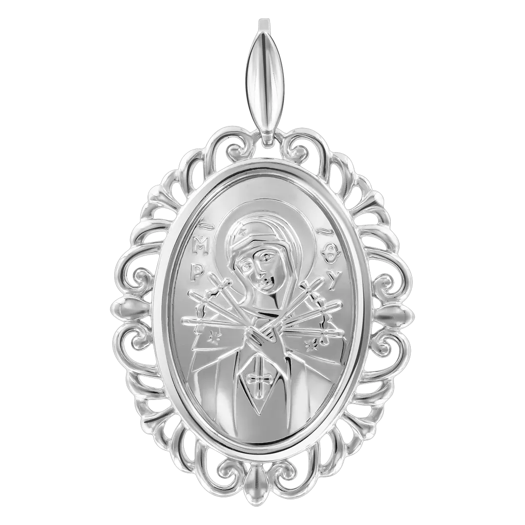 Product image 1 of the product “Icon Pendant “Mother of God of the Seven Arrows with Ornamental Frame” in 925 Sterling Silver ”