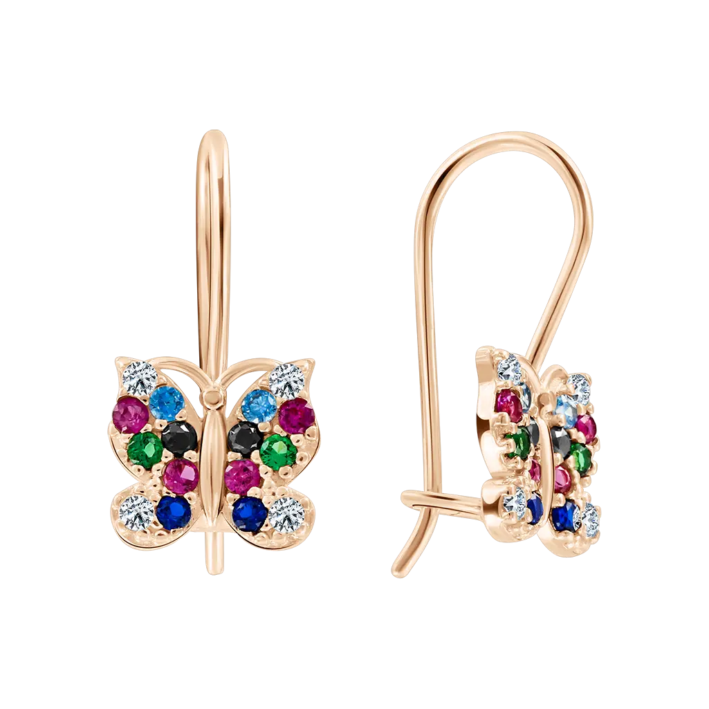 Artikelbild 1 des Artikels “Kinder-Ohrringe „Schmetterling mit bunten Steinen“ aus 585 Rotgold mit Zirkonia “