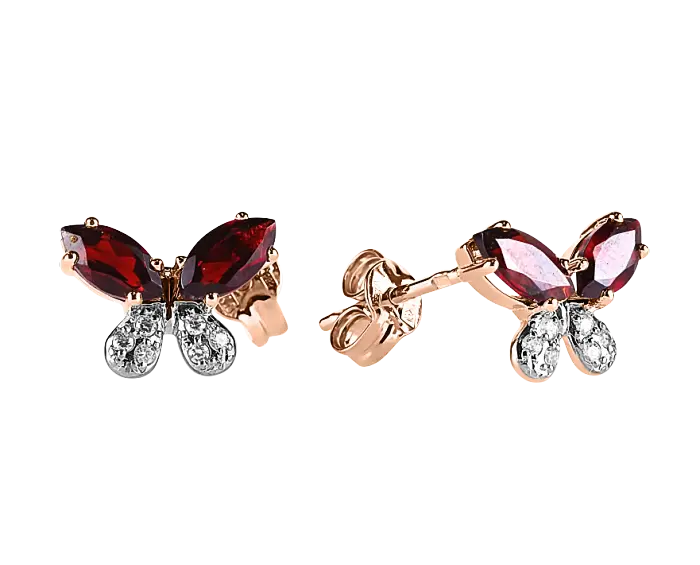 Artikelbild 1 des Artikels “Kinder-Ohrringe „Schmetterling mit Granatflügeln“ aus 585 Rotgold mit Zirkonia und Granat “