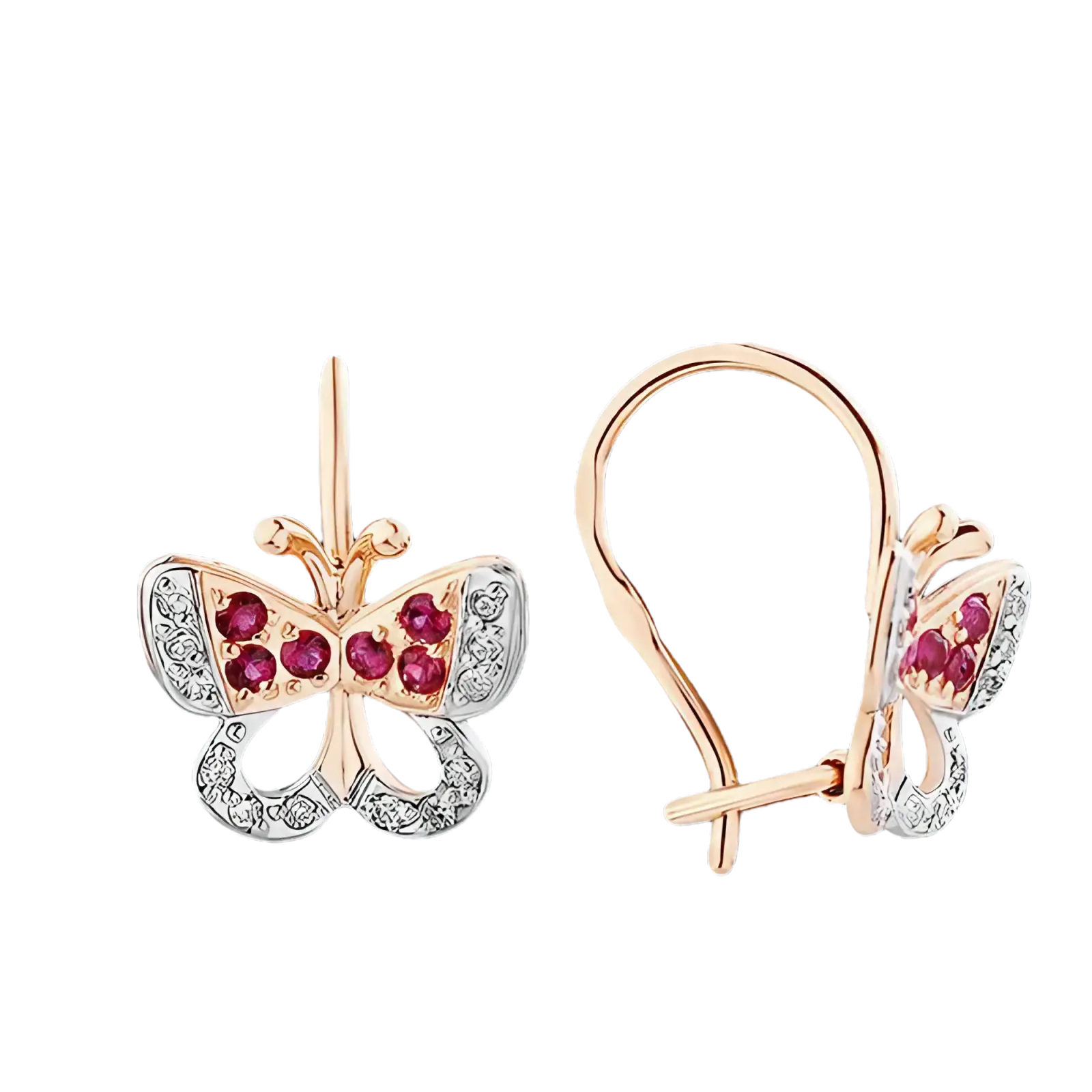 Product image 1 of the product “Children's Earrings “Butterfly with Red Stones” in 585 Rose Gold with Diamonds and Ruby, Height 12.0 mm ”