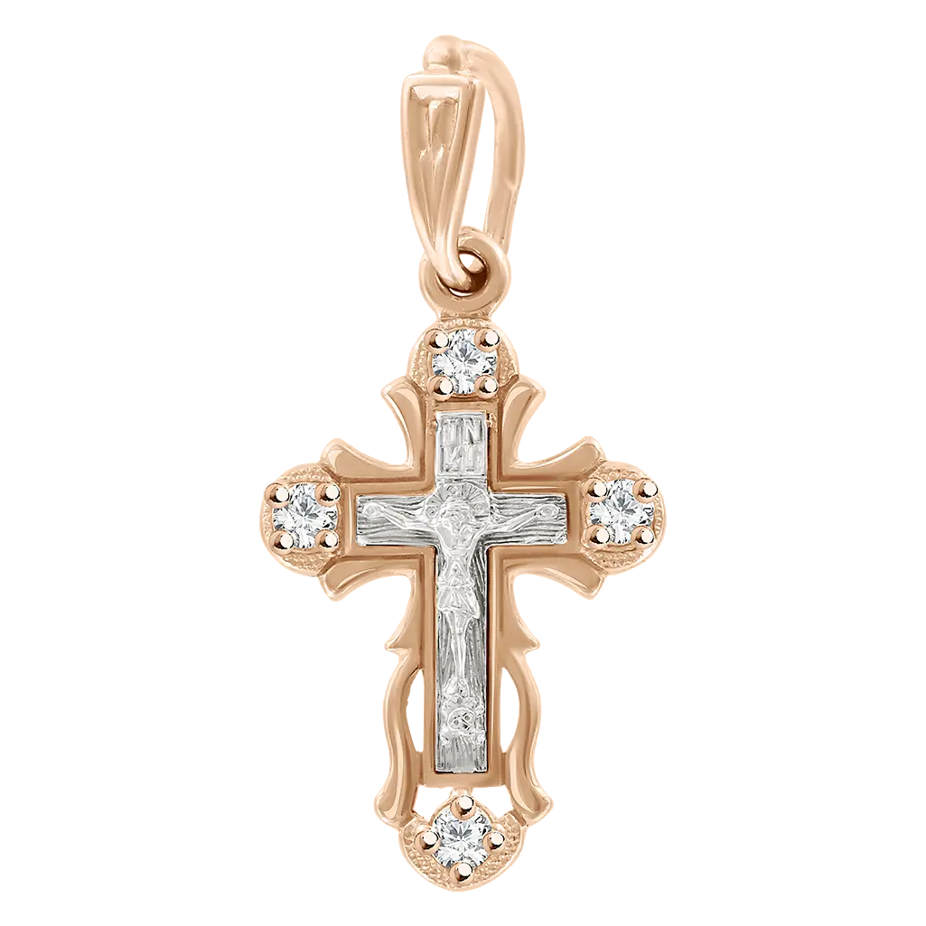 Artikelbild 1 des Artikels “Kreuz-Anhänger „Kruzifix mit Steinen an Enden“ aus 585 Bicolor-Gold mit Zirkonia “