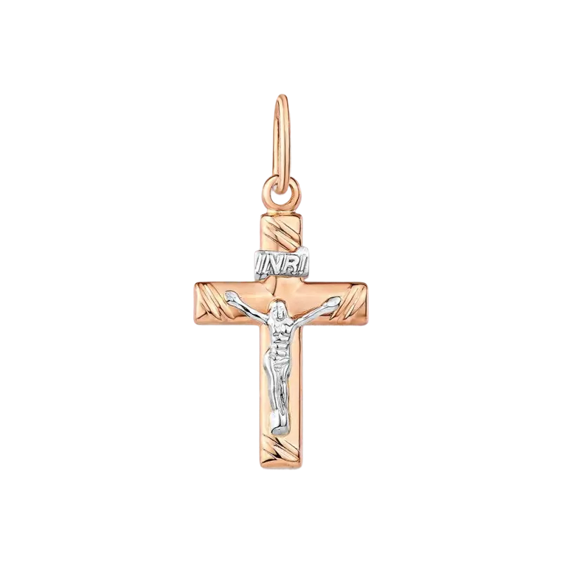 Product image 1 of the product “Cross Pendant “Slanted Stripes with Crucifix” in 585 Two-Tone Gold ”