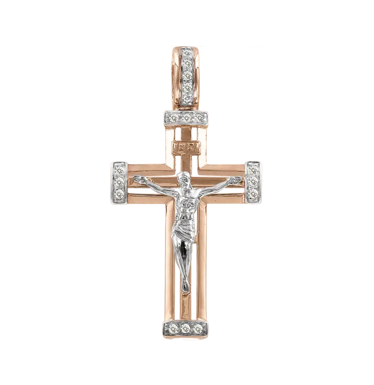 Product image 1 of the product “Cross Pendant “With Crucifix and Stone Rows” in 585 Two-Tone Gold with Cubic Zirconia ”