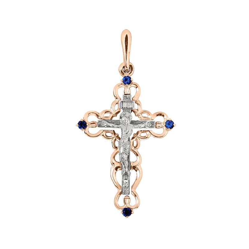 Artikelbild 1 des Artikels “Kreuz-Anhänger „Orthodox filigran mit Saphiren“ aus 585 Rotgold mit Saphir “
