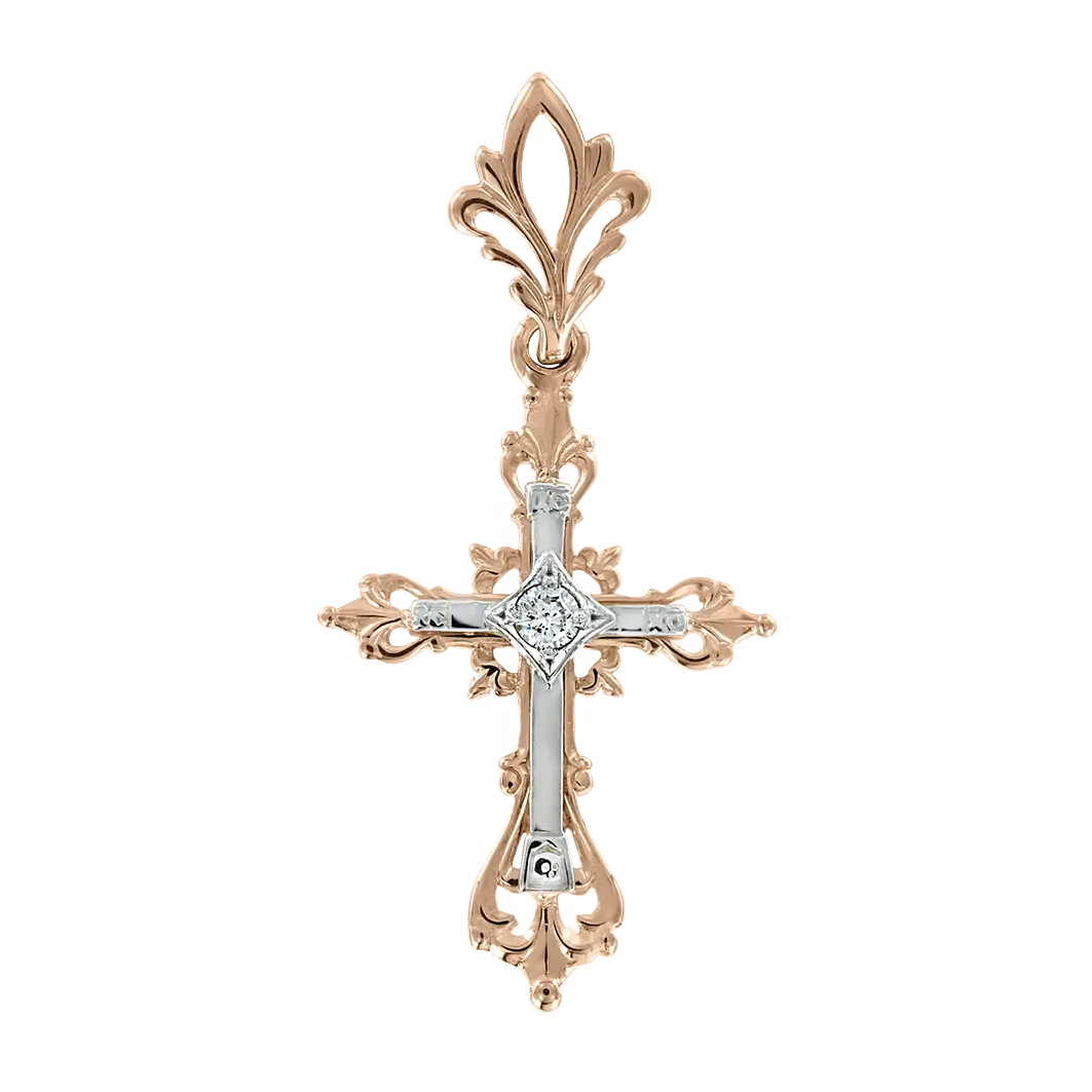 Artikelbild 1 des Artikels “Kreuz-Anhänger „Orthodox Lilie mit Steinen“ aus 585 Bicolor-Gold mit Zirkonia “
