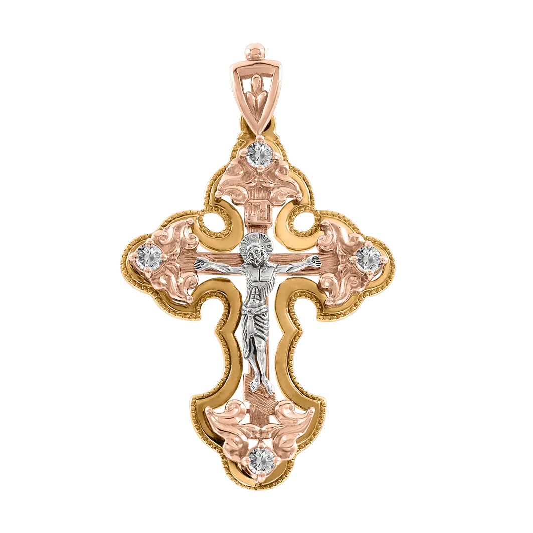 Artikelbild 1 des Artikels “Kreuz-Anhänger „Orthodox mit Steinen“ aus 585 Bicolor-Gold mit Zirkonia, Höhe 35 mm “