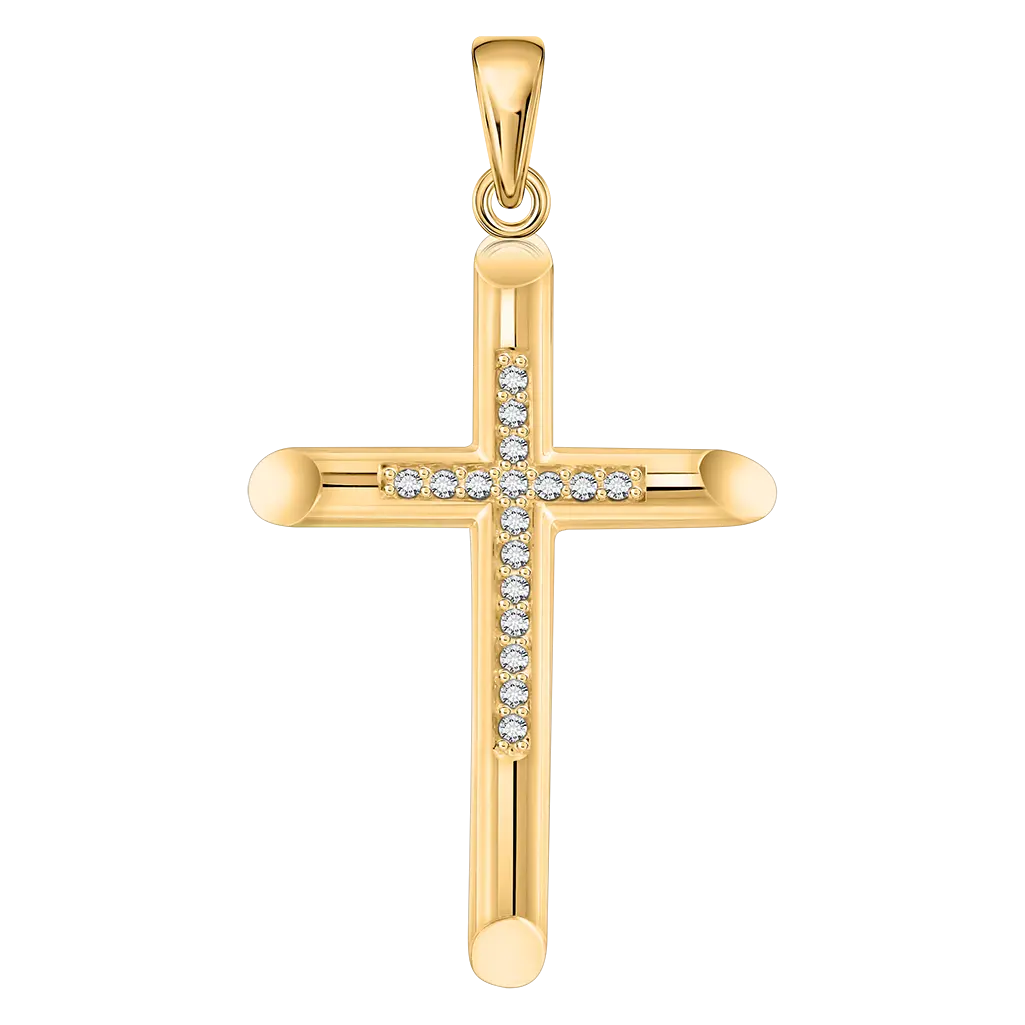 Artikelbild 1 des Artikels “Kreuz-Anhänger „Röhrenkreuz mit Steinreihe“ aus 585 Gelbgold mit Zirkonia, Höhe 35 mm “