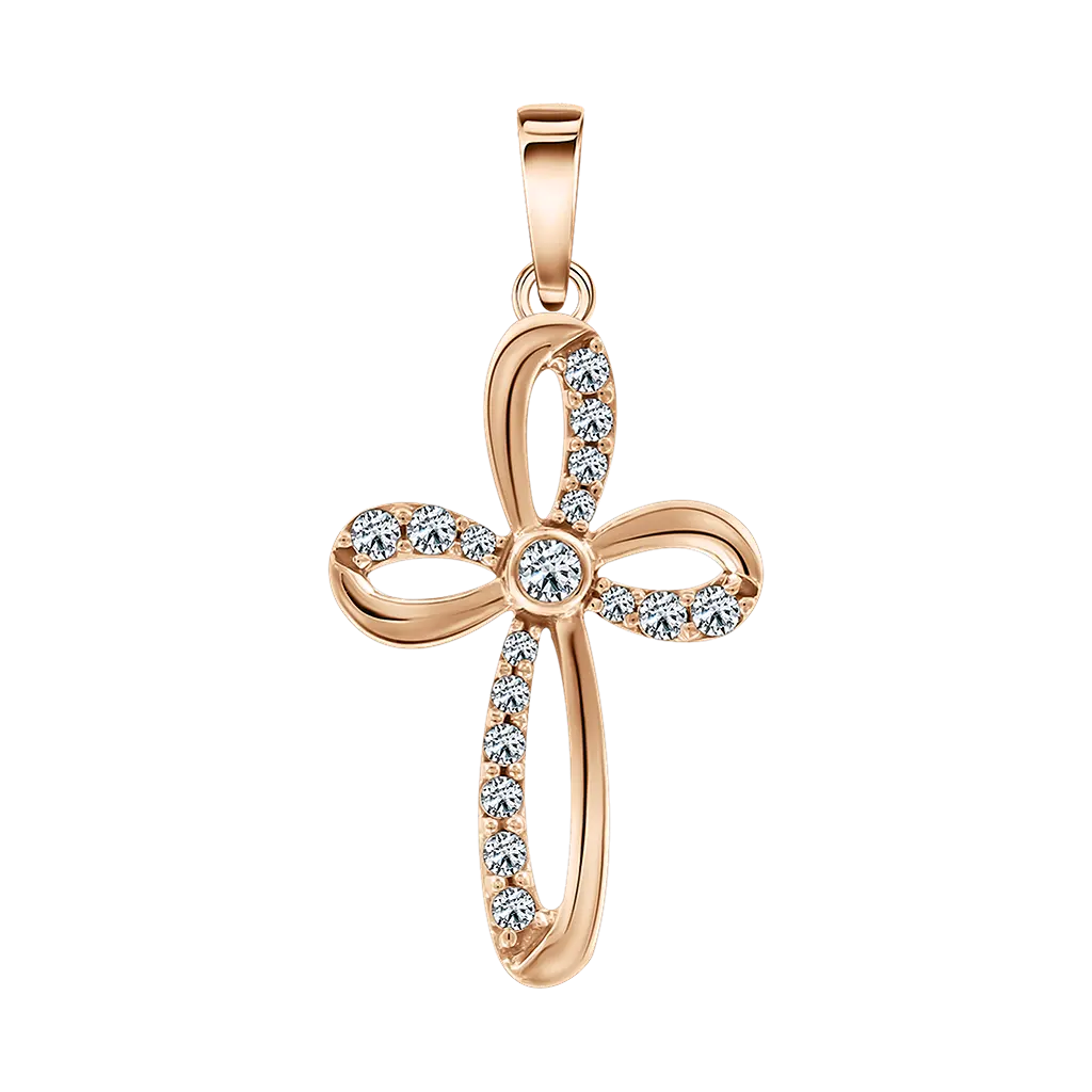 Product image 1 of the product “Cross Pendant “Bow with Stones” in 585 Rose Gold with Cubic Zirconia ”