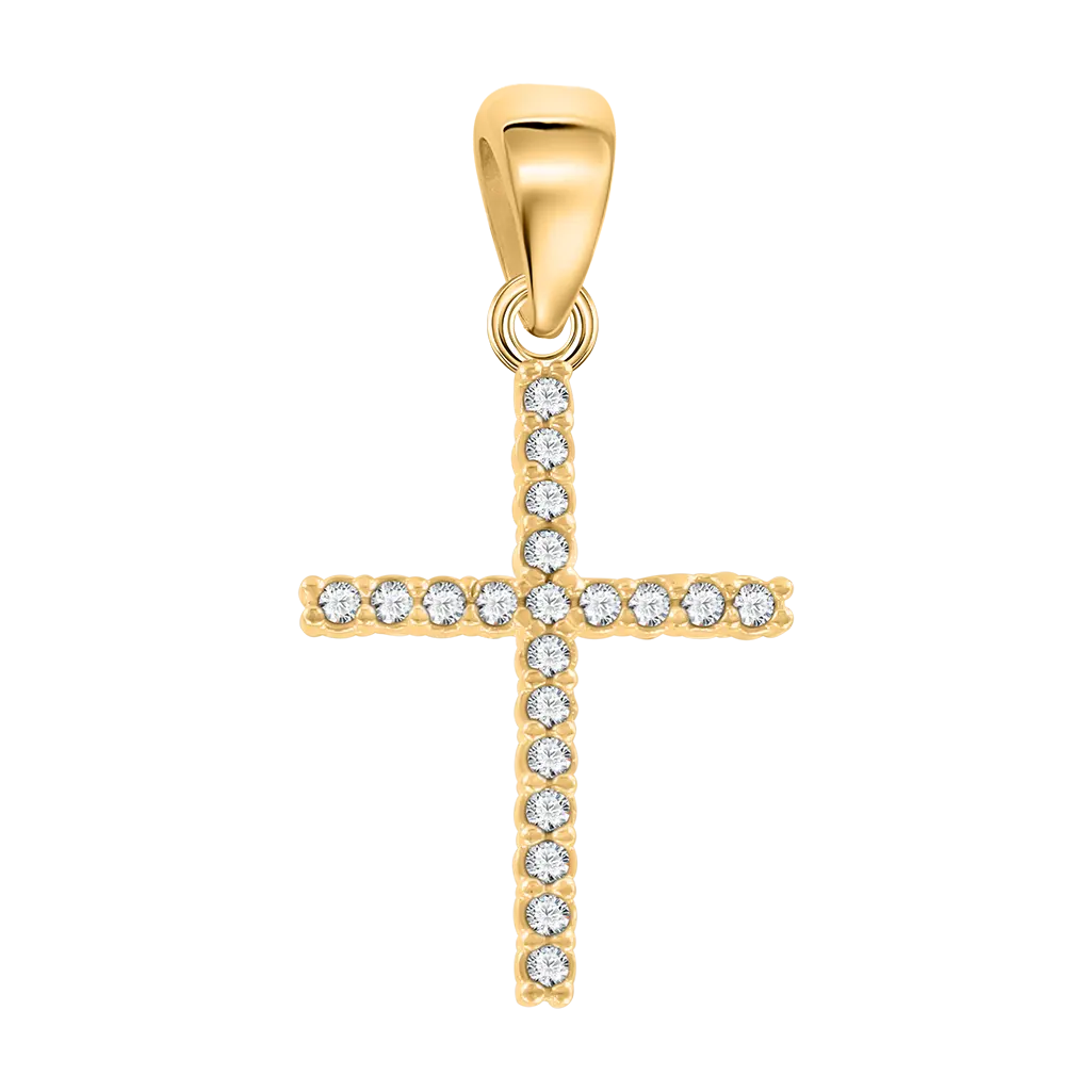 Product image 1 of the product “Cross Pendant “Slim Cross with Rows of Stones” in 585 Yellow Gold with Cubic Zirconia ”