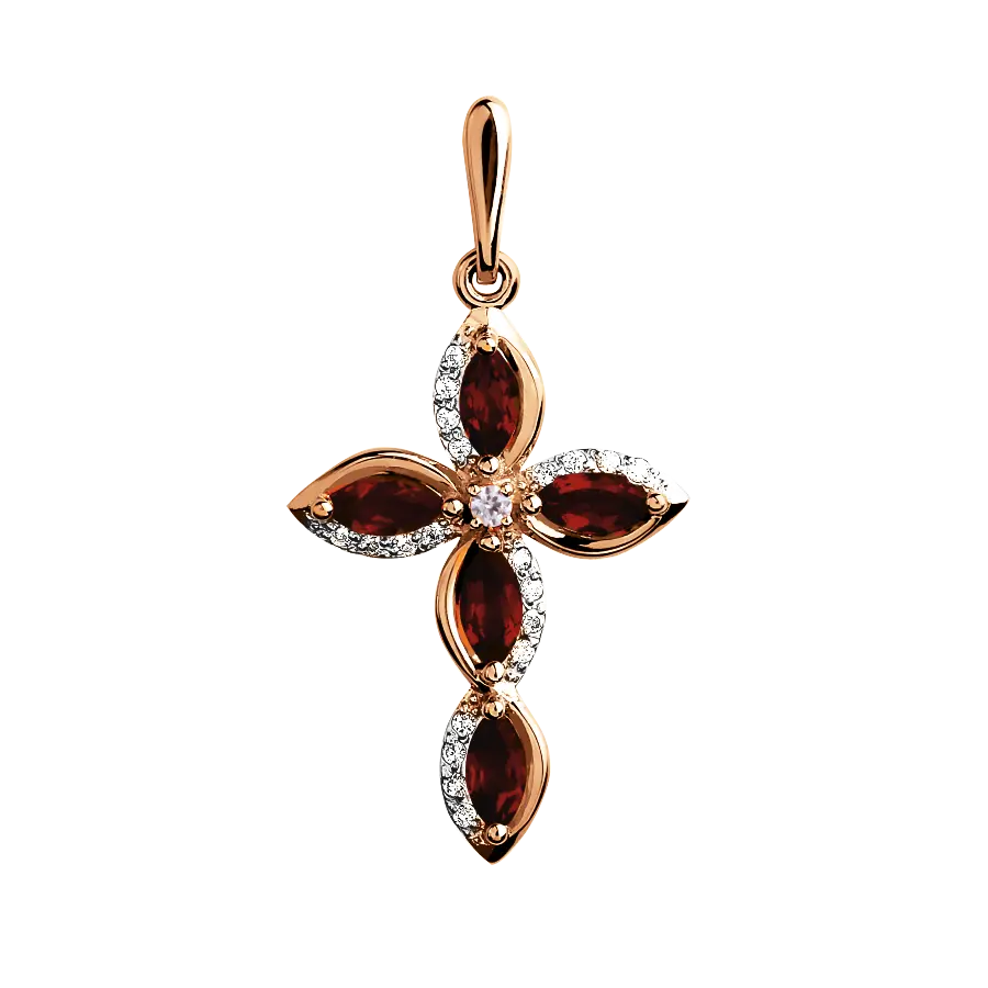 Product image 1 of the product “Cross Pendant “Four Leaves with Garnet” in 585 Rose Gold with Cubic Zirconia and Garnet ”