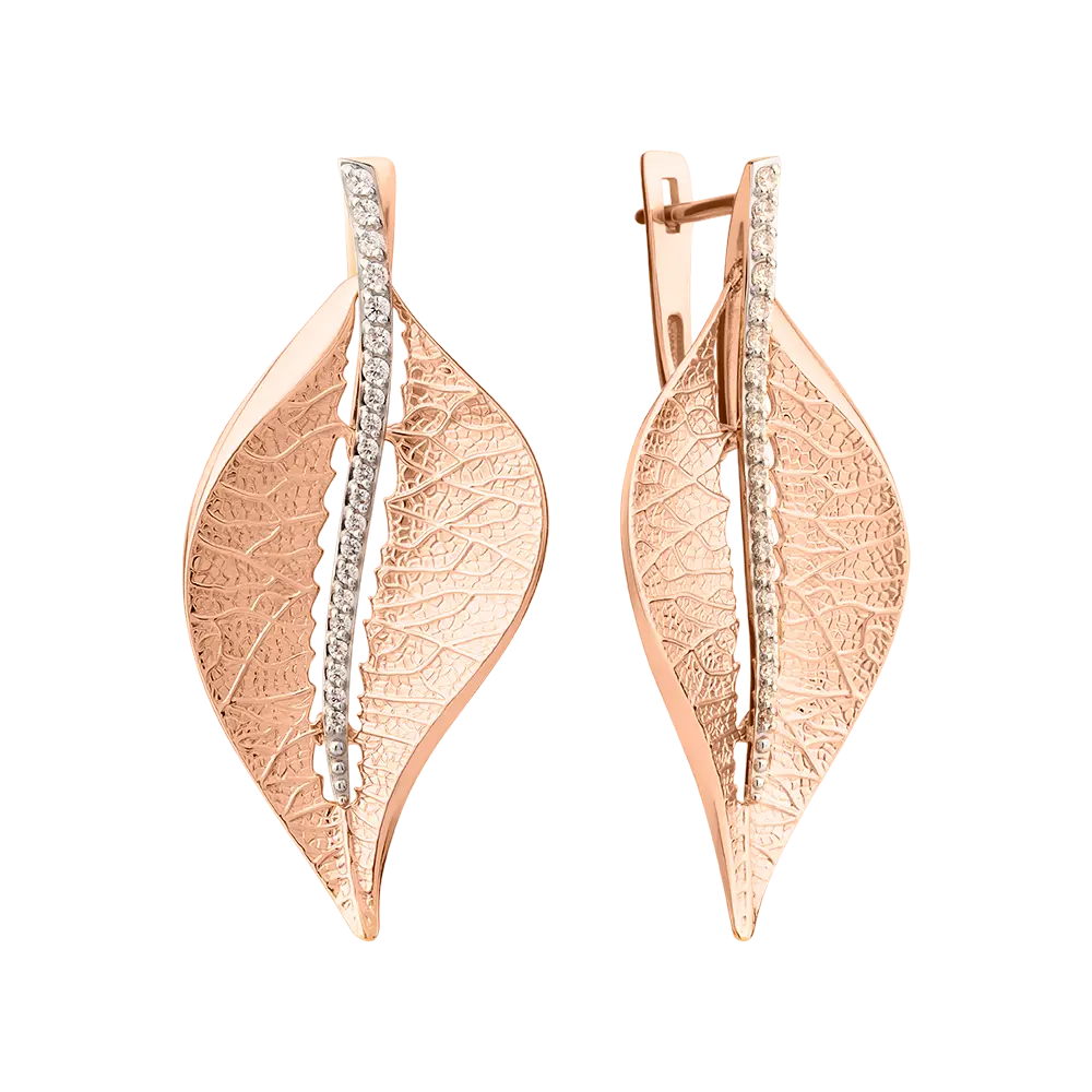 Product image 1 of the product “Drop Earrings “Leaf with Stone Row” in 585 Rose Gold with Cubic Zirconia ”