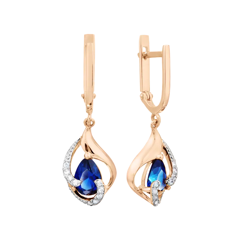 Изображение 1 товара «Серьги-подвески «Изогнутая синяя капля» из красного золота 585 пробы с фианитами и синтетическим сапфиром »