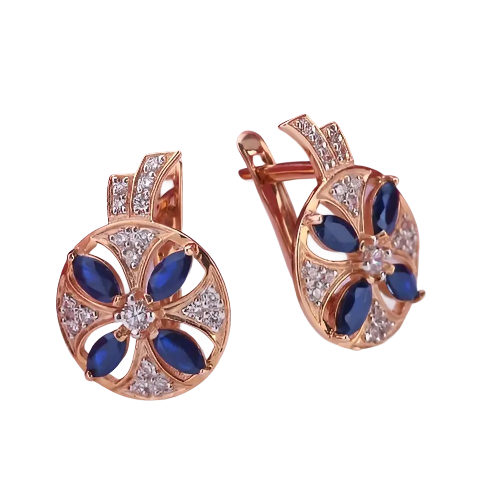 Artikelbild 1 des Artikels “Ohrhänger „Blüte im Kreis“ aus 585 Rotgold mit Zirkonia und Saphir “