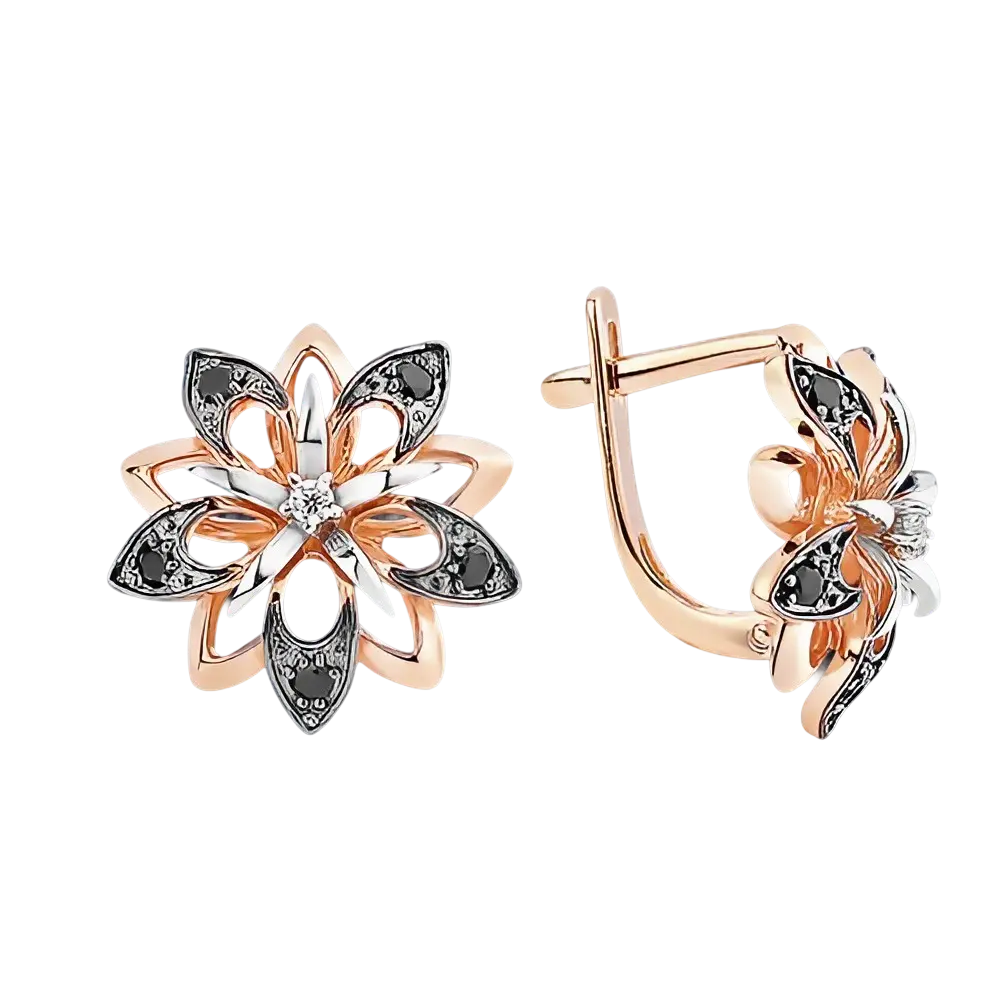 Product image 1 of the product “Drop Earrings “Flower with Black Stones” in 585 Two-Tone Gold with Cubic Zirconia ”