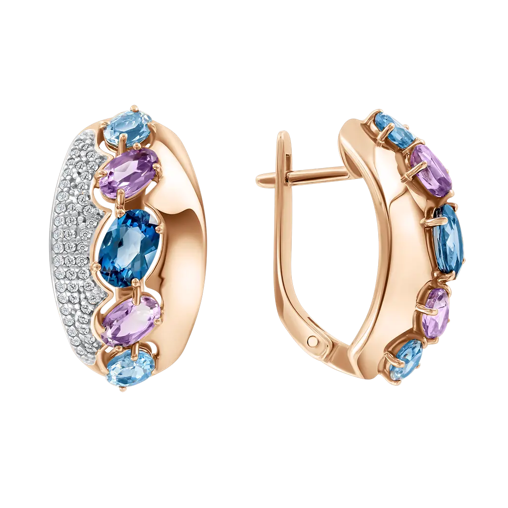Product image 1 of the product “Drop Earrings “Coloured Oval Stones with Pavé” in 585 Rose Gold with Cubic Zirconia and Topaz ”