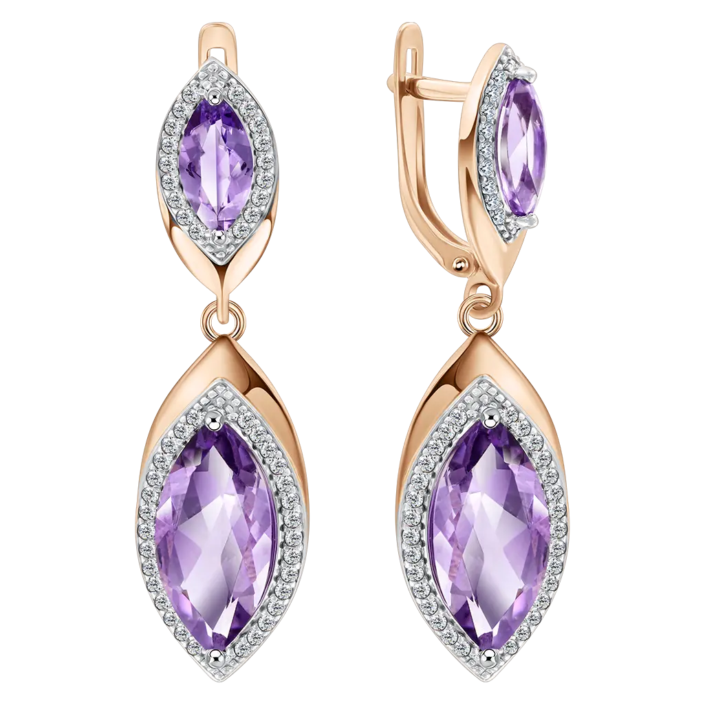 Artikelbild 1 des Artikels “Ohrhänger „Doppelte Navette mit Steinkranz“ aus 585 Rotgold mit Zirkonia und Amethyst “