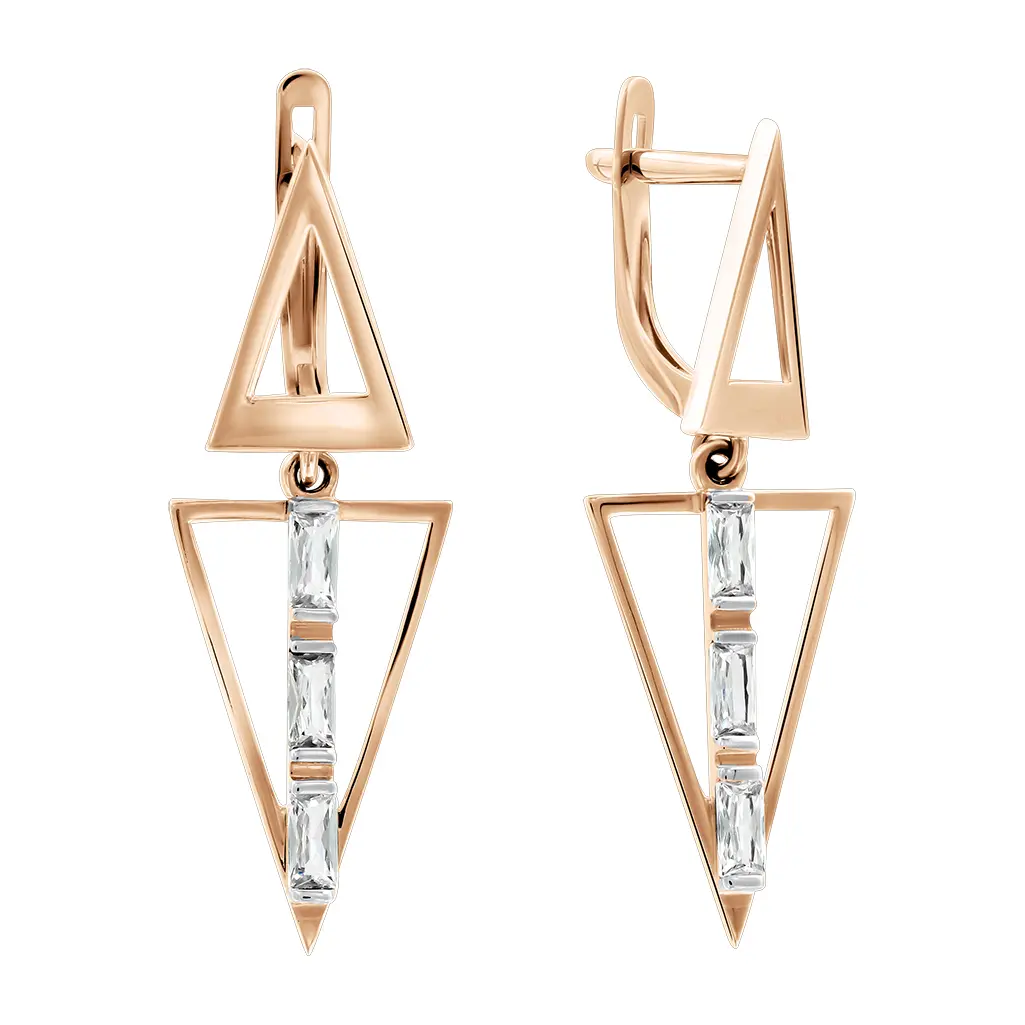 Product image 1 of the product “Drop Earrings “Triangles with Baguette Stones” in 585 Rose Gold with Cubic Zirconia ”