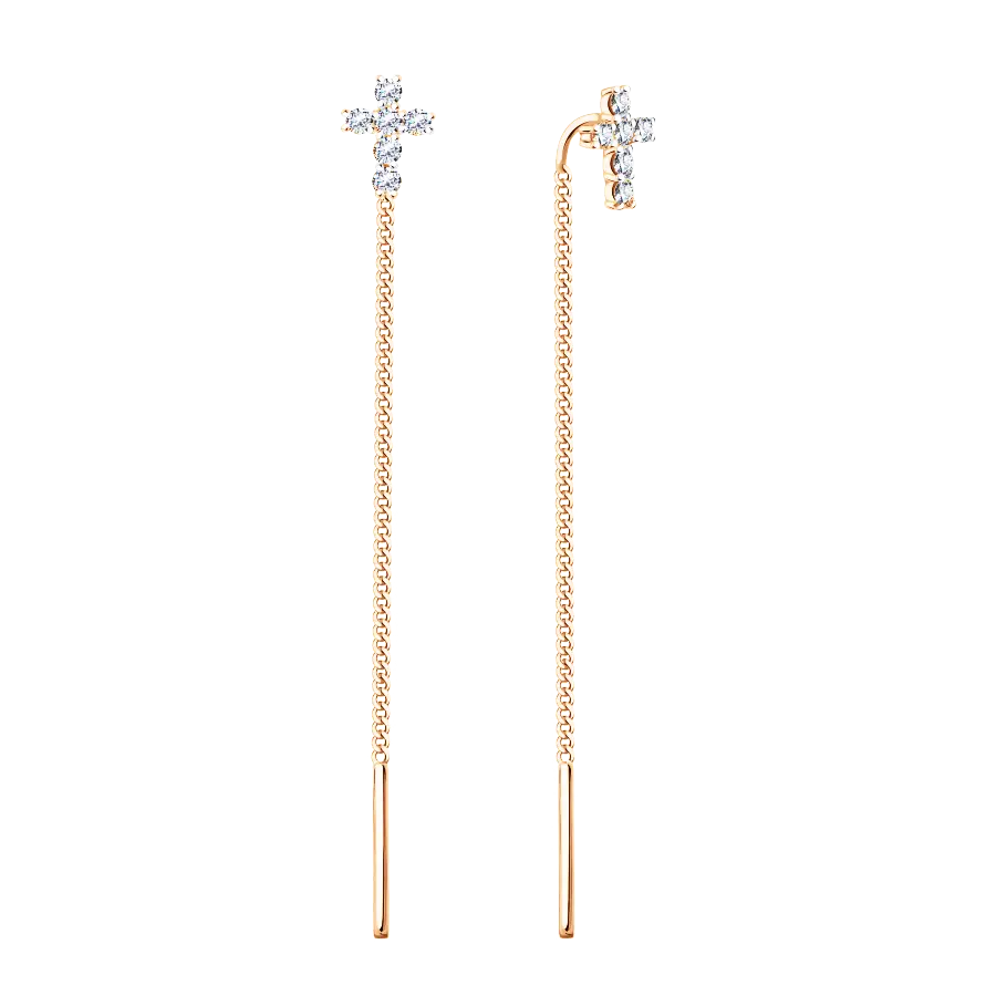 Product image 1 of the product “Drop Earrings “Threader with Cross” in 585 Rose Gold with Cubic Zirconia, Height 65 mm ”