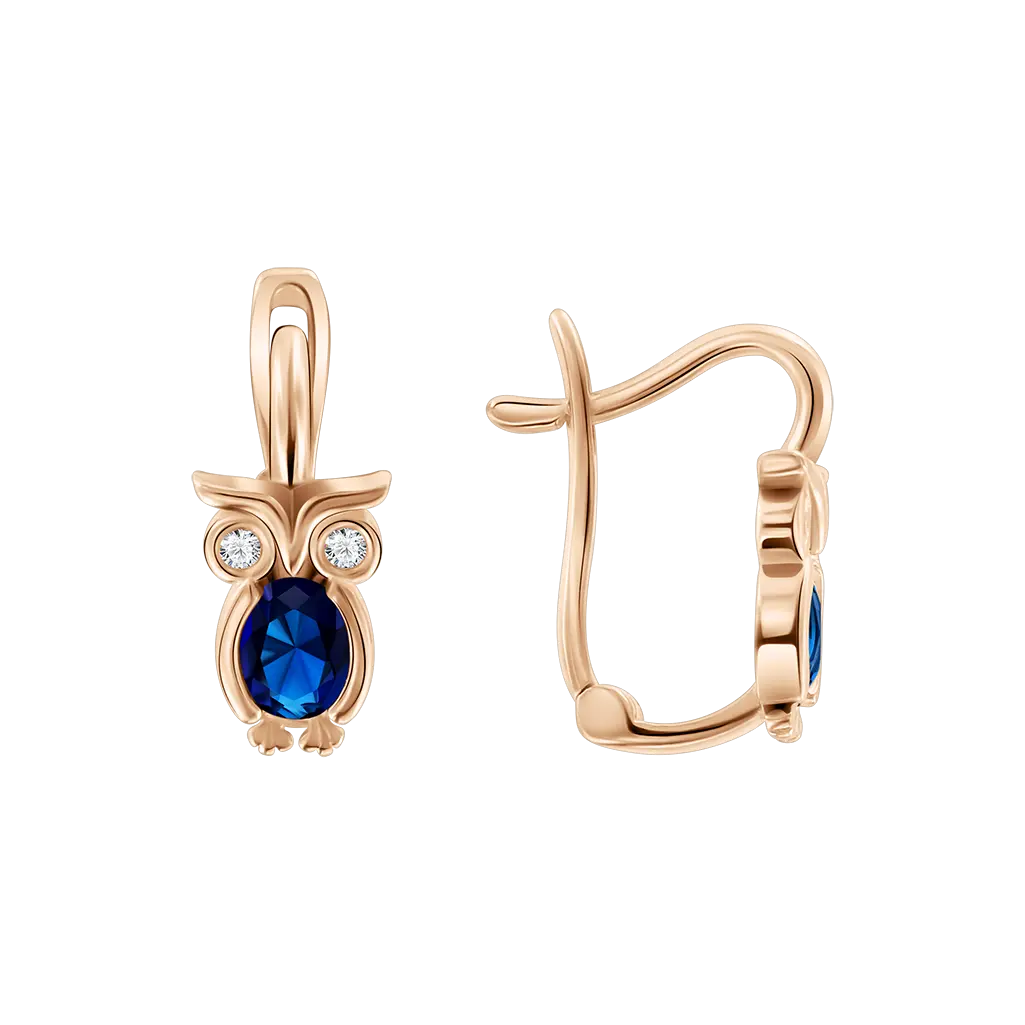 Artikelbild 1 des Artikels “Ohrhänger „Eule mit blauem Stein“ aus 585 Rotgold mit Zirkonia “