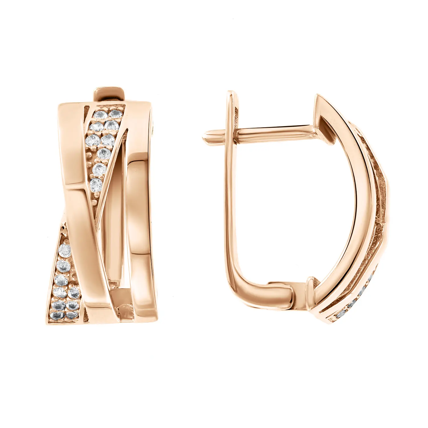 Product image 1 of the product “Drop Earrings “Crossed Bands with Stones” in 585 Rose Gold with Cubic Zirconia ”