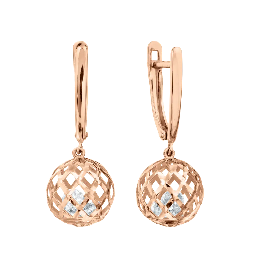 Product image 1 of the product “Drop Earrings “Lattice Ball with Stones” in 585 Rose Gold with Cubic Zirconia ”