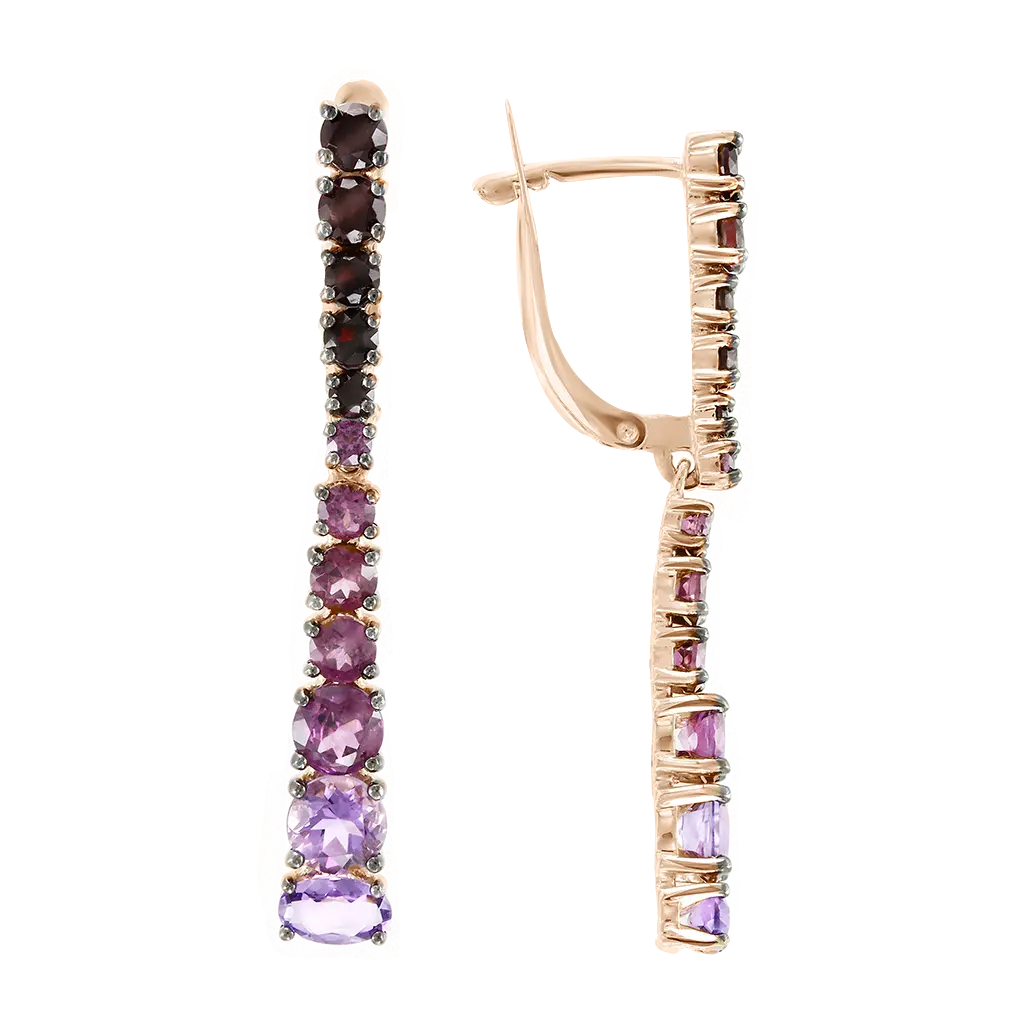 Product image 1 of the product “Drop Earrings “Long Ombré Row of Stones” in 585 Rose Gold with Amethyst and Garnet ”