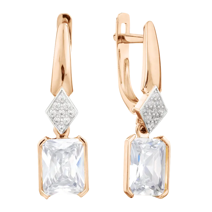 Product image 1 of the product “Drop Earrings “Rhombus with Emerald Cut” in 585 Rose Gold with Cubic Zirconia ”