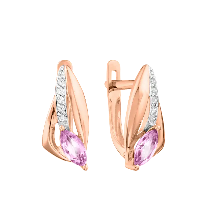 Artikelbild 1 des Artikels “Ohrringe „Blatt mit Steinreihe“ aus 585 Rotgold mit Zirkonia und Amethyst “