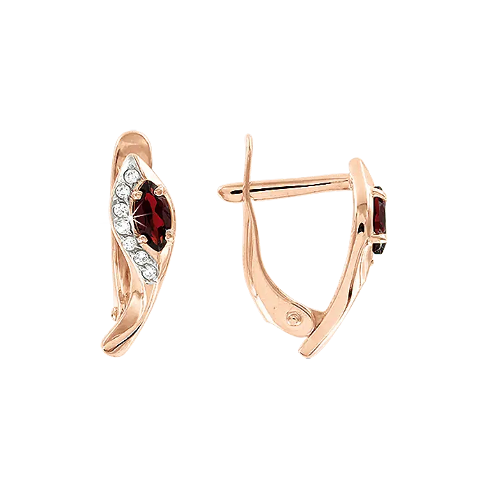 Product image 1 of the product “Earrings “Leaf with Stone Row” in 585 Rose Gold with Cubic Zirconia and Garnet ”