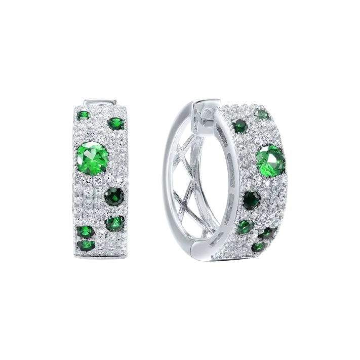Product image 1 of the product “Earrings “Wide Hoops with Green Stones” in 925 Sterling Silver with Cubic Zirconia ”