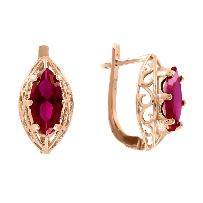 Product image 1 of the product “Earrings “Navette in Filigree” in 585 Rose Gold with Synthetic Ruby, Height 17 mm ”