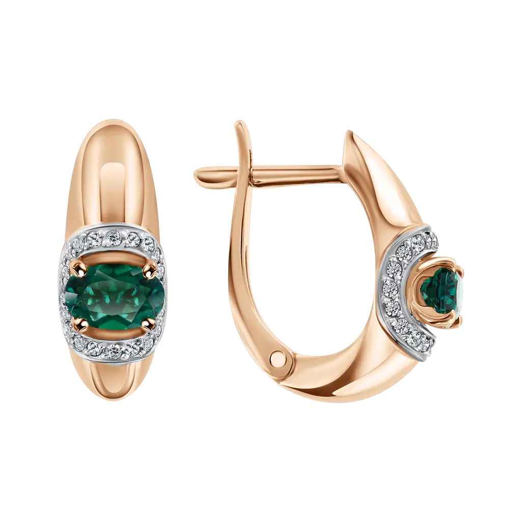 Product image 1 of the product “Earrings “Oval with Stone Halo” in 585 Rose Gold with Diamonds and Synthetic Emerald ”