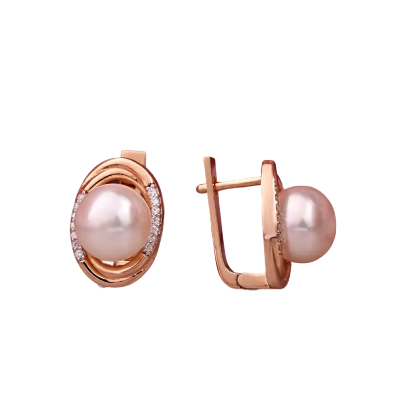 Product image 1 of the product “Earrings “Pearl in Oval Frame” in 585 Rose Gold with Cubic Zirconia and Pearls ”