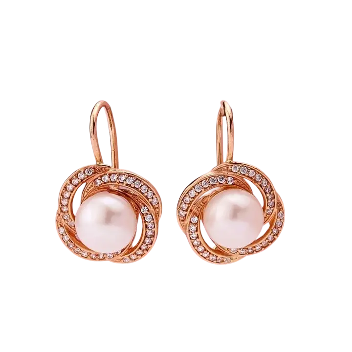 Product image 1 of the product “Earrings “Pearl in Swirl” in 585 Rose Gold with Cubic Zirconia and Pearls ”
