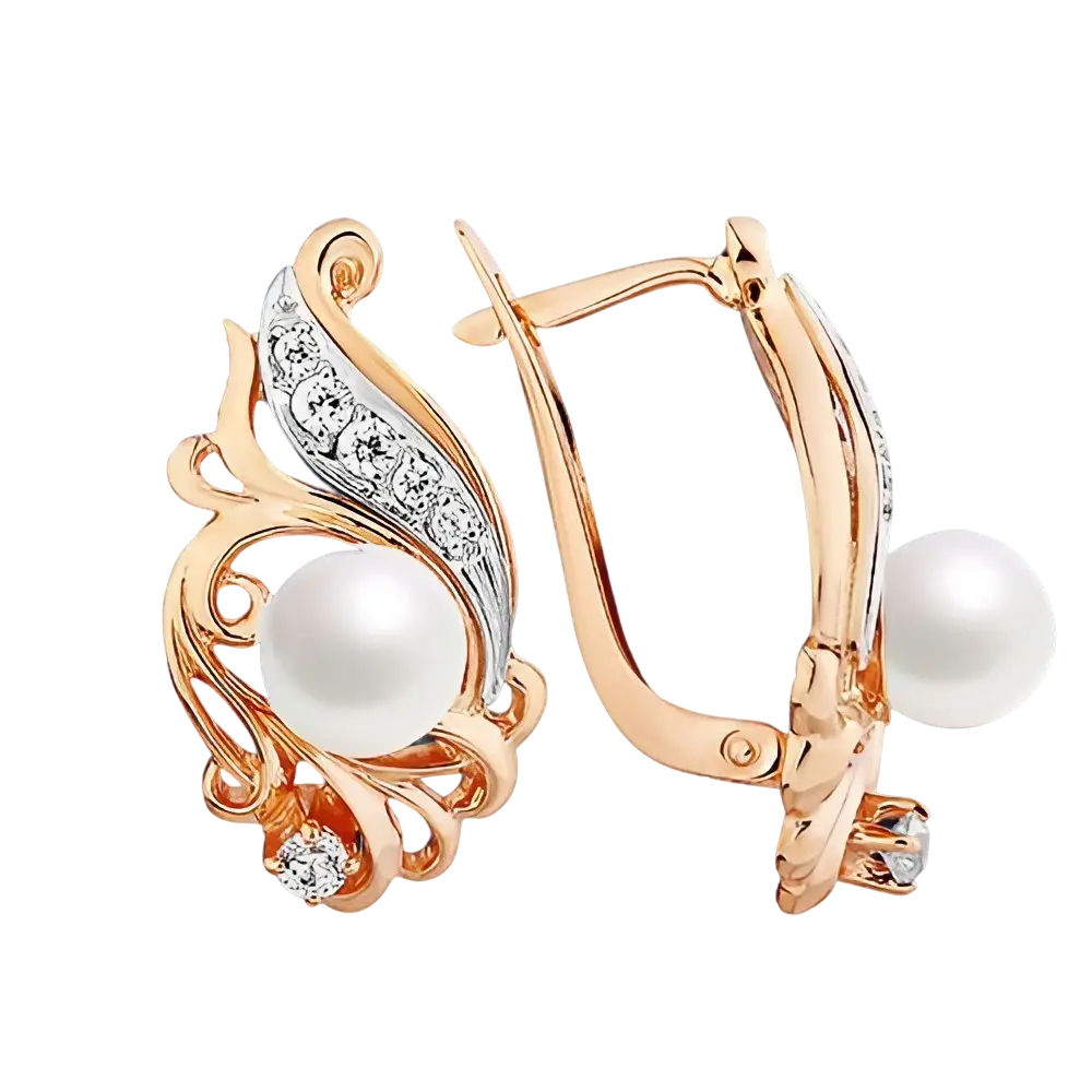 Product image 1 of the product “Earrings “Pearl with Scrolls” in 585 Rose Gold with Cubic Zirconia and Pearls ”