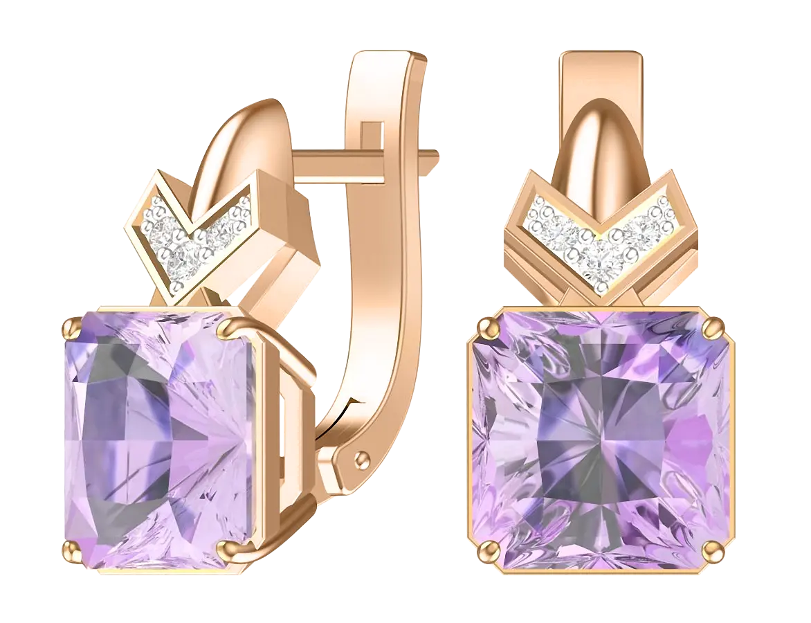 Product image 1 of the product “Earrings “Square Stone with Arrowhead” in 585 Rose Gold with Cubic Zirconia and Amethyst ”