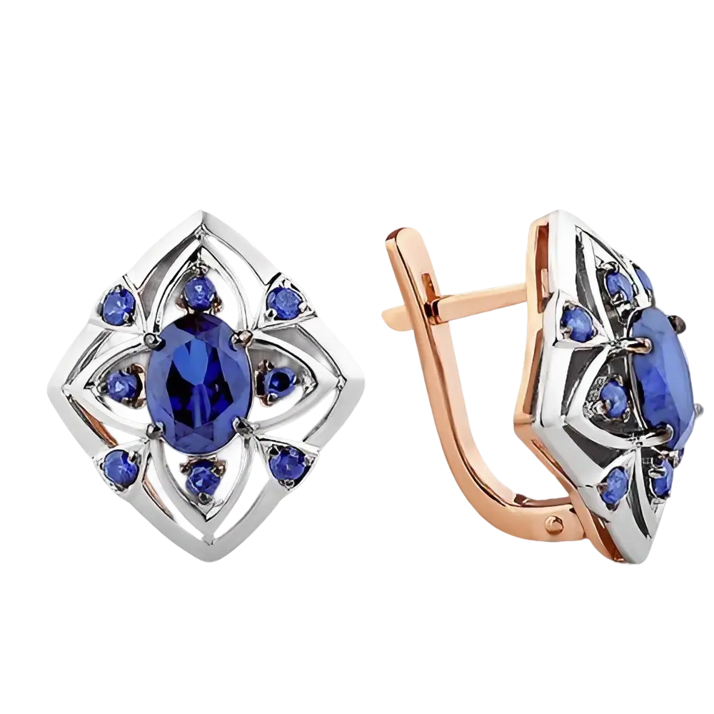 Product image 1 of the product “Earrings “Diamond-Shaped Flower” in 585 Two-Tone Gold with Sapphire ”