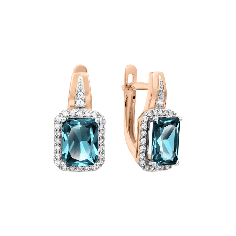 Product image 1 of the product “Earrings “Rectangle in Stone Halo” in 585 Rose Gold with Cubic Zirconia and London Blue Topaz ”