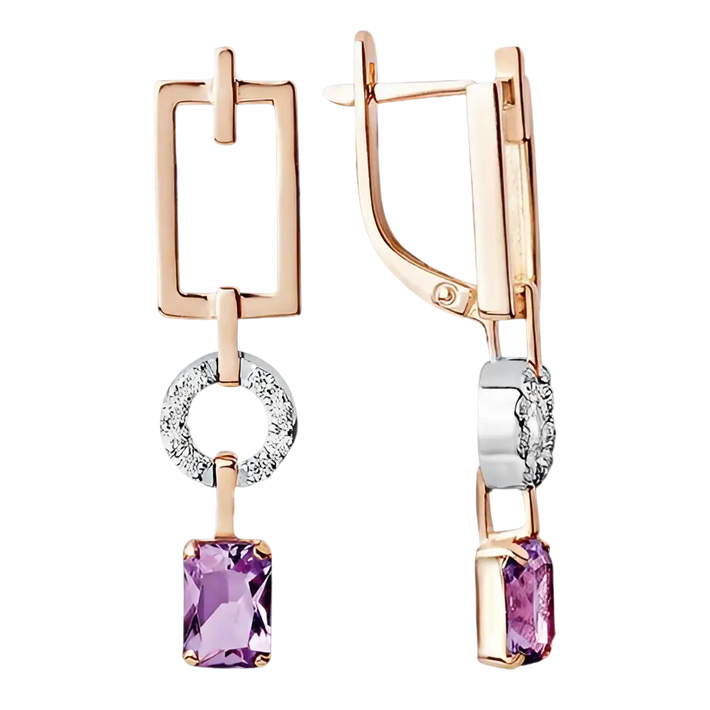 Artikelbild 1 des Artikels “Ohrringe „Rechteck mit Ring und Stein“ aus 585 Bicolor-Gold mit Zirkonia und Amethyst “