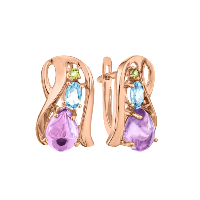 Artikelbild 1 des Artikels “Ohrringe „Schwung mit Steinen“ aus 585 Rotgold mit Topas und Amethyst “
