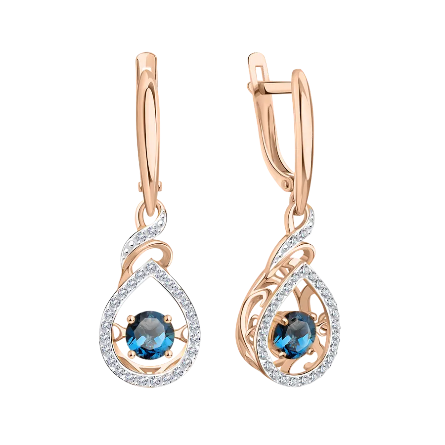 Product image 1 of the product “Earrings “Teardrop with Sweep” in 585 Rose Gold with Cubic Zirconia and London Blue Topaz ”