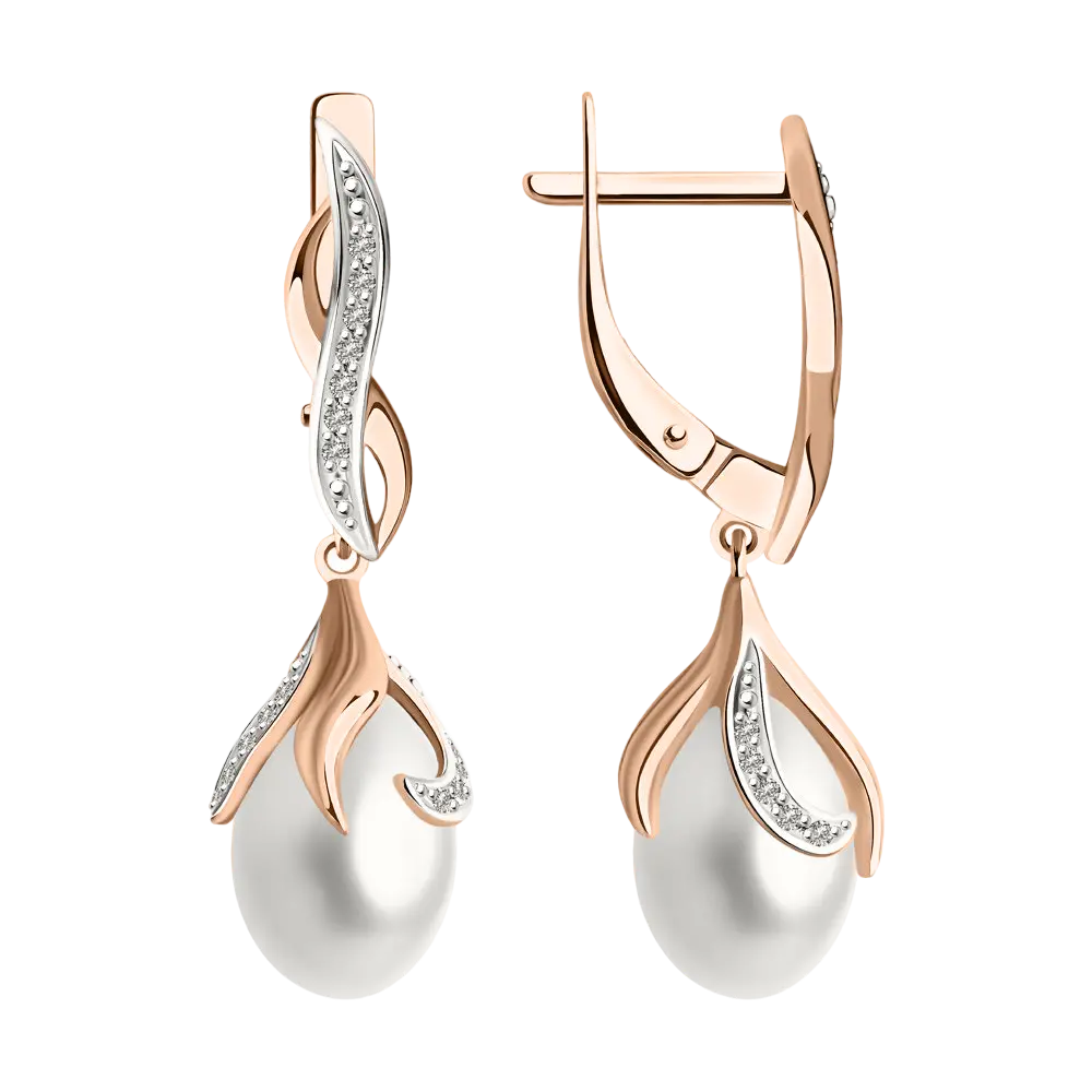 Product image 1 of the product “Earrings “Intertwined Wave with Pearl” in 585 Rose Gold with Diamonds and Pearls ”
