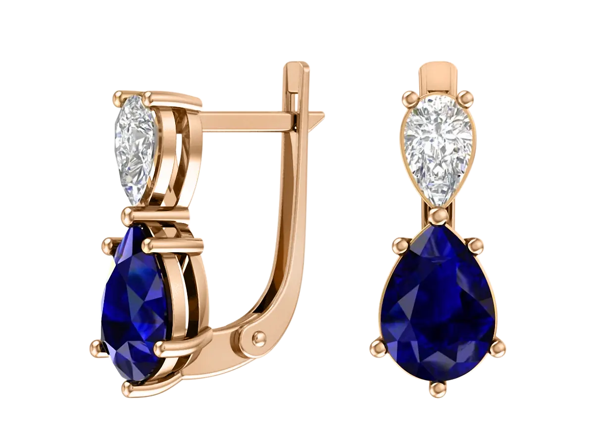 Product image 1 of the product “Earrings “Two Teardrops” in 585 Rose Gold with Diamonds and Sapphire ”