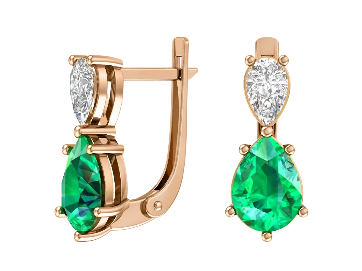 Product image 1 of the product “Earrings “Two Teardrops” in 585 Rose Gold with Diamonds and Emerald ”