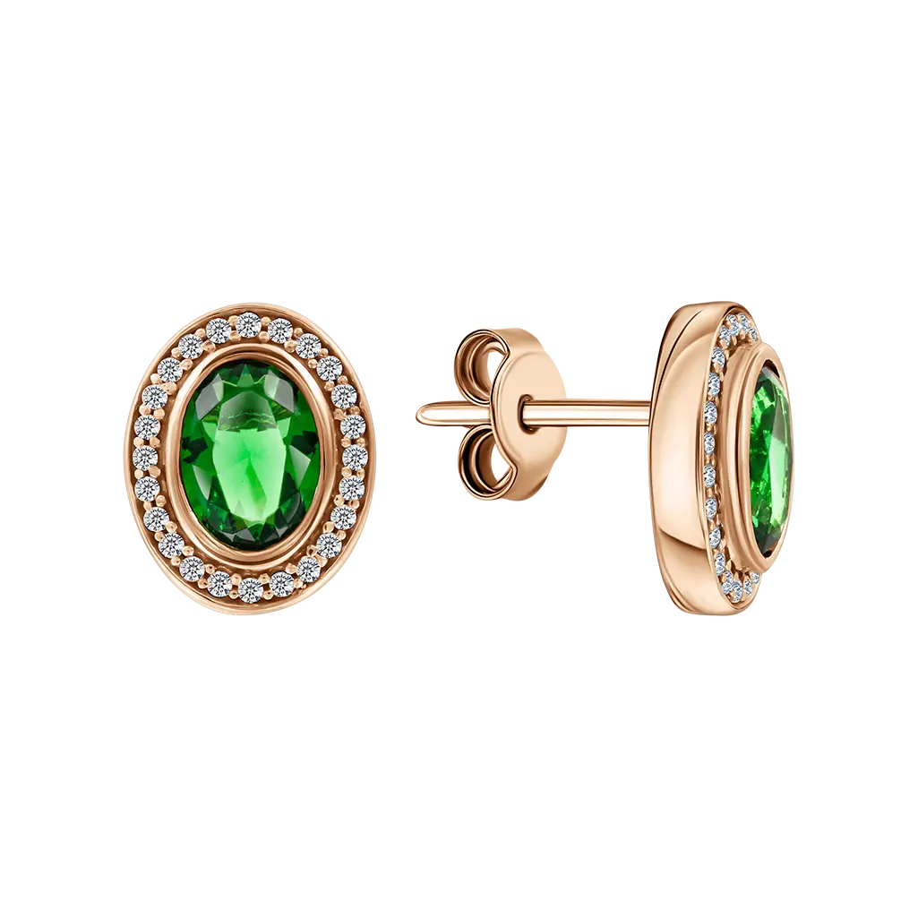 Product image 1 of the product “Stud Earrings “Green Oval Stone with Stone Halo” in 585 Rose Gold with Cubic Zirconia ”