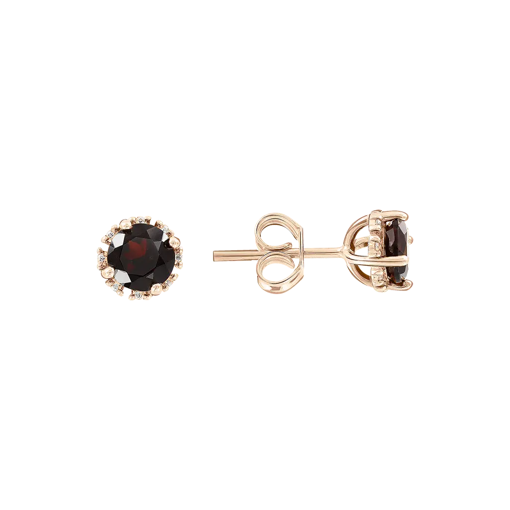 Product image 1 of the product “Stud Earrings “Small Round Garnet” in 585 Rose Gold with Cubic Zirconia and Garnet ”